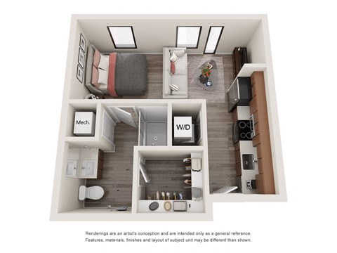 Floor plan for studio, 1 bath, 391 sqft